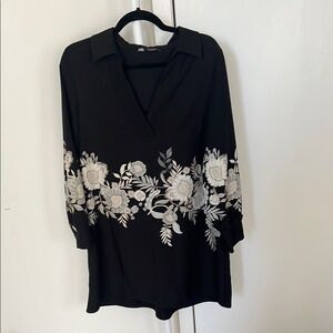 Zara Black Asymmetrical Embellished Blouse with Notched Collar